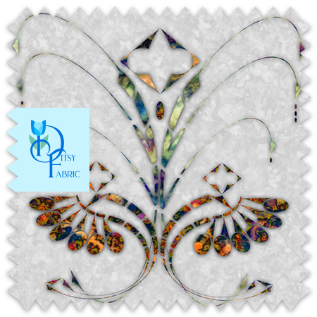 The artwork is a delicate and intricate design resembling a fountain motif. It features a symmetrical pattern with two stylized flower heads at the base, each composed of several rounded petal shapes in shades of orange and dark hues. Above the flowers, there are elegant, curved stems and leaves that extend upwards, culminating in two diamond-shaped elements and a larger central geometric shape resembling a star or flower petal cluster. The background of the cutout has a soft, marbled texture, providing contrast to the vibrant colors within the pattern. The overall composition has a graceful and ornamental quality, typical of decorative fabric art.